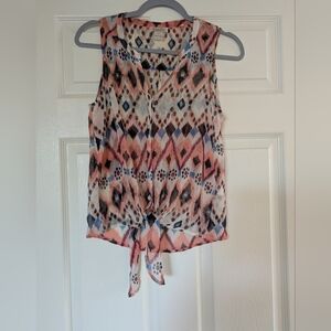 Lucky Brand Multicolor Geometric Tie-Front Blouse